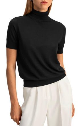LilySilk High Neck Short Sleeves Silk Knitted Sweater in Black at Nordstrom, Size Large