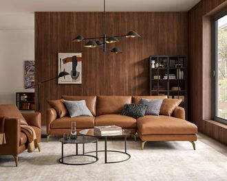 Castlery Lena Leather Chaise Sectional Sofa, Right Facing, American Top Grain Leather, Brown, Brass Leg