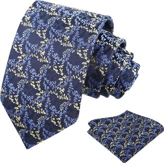 Alizeal Mens 8cm Floral Tie Wedding Party Classic Colorful Necktie with Hanky Set, Navy Blue+Yellow