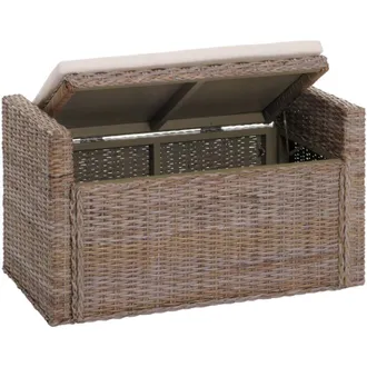 Hhg [NON UTILIZZATO] Baule panca contenitore M92 rattan 44x88x51cm grigio marrone con cuscino