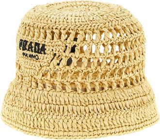 Prada Crochet Raffia Logo Bucket Hat - Beige