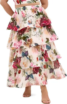 City Chic Bianka Floral Print Ruffle Skirt in Botanical Bloom at Nordstrom, Size Xxxs
