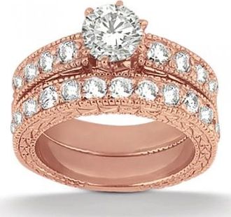 Allurez Antique Diamond Engagement Ring & Wedding Band 14k Rose Gold (1.70ct)