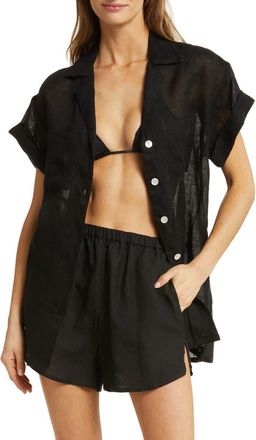 Vitamin A Playa Pocket Linen Cover-Up Button-Up Shirt in Black Eco Linen at Nordstrom, Size Medium