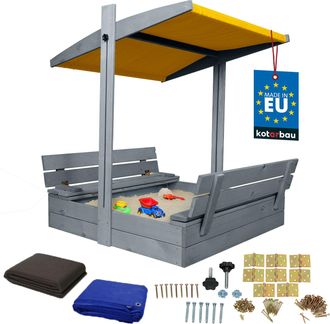 OEM Kotarbau Grande Sabbiera In Legno Con Tetto Giallo, Impregnata, Chiusa, Con Panchine, Grigia, 100 X 100 Cm