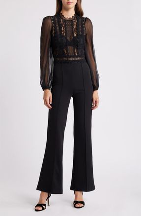 Bebe Lace Bodice Long Sleeve Jumpsuit in Black at Nordstrom, Size X-Small