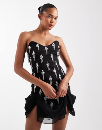 Asos Vestito corto a corsetto drappeggiato nero con decorazioni