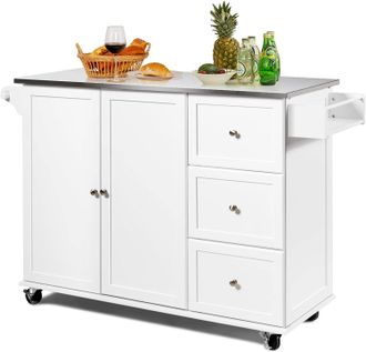 Costway Carrito De Cocina, Carrito De Servicio M&oacute;vil, Carrito De Isla De Cocina Con Encimera De Acero Inoxidable, 3 Cajones, Armario De 2 Puertas, Toallero Y 