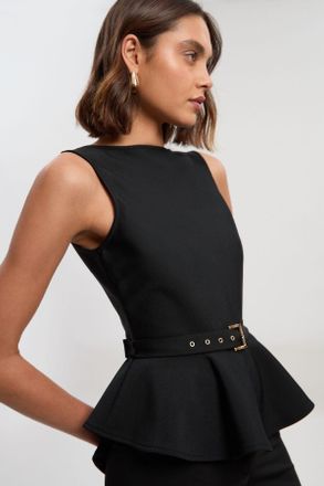 Karen Millen Womens Figure Form Bandage Peplum Belted Knit Top - Black - Size X-Small