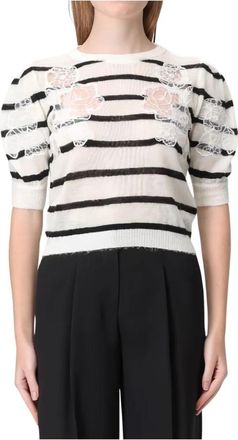 Twinset Gestreept T-shirt met bloemendetail - Dames - Ronde hals truien - Wit - M - Truien & Vesten