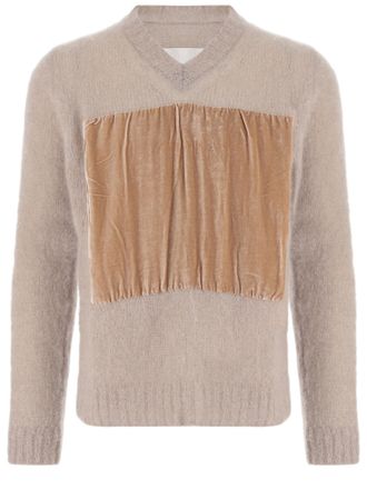 Maison Margiela Beige Mohair-Blend Velvet Appliqu&eacute; V-Neck Sweater