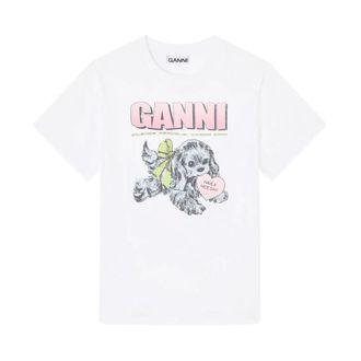 Ganni Tops, Dames, Wit, L, Grafische Print T-shirt met Ronde Hals