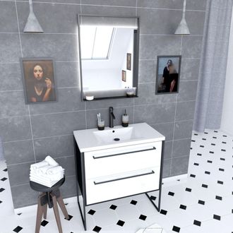 Aurlane Aurlane - Pack Mueble Ba&ntilde;o 80x50 Negro-2 Cajones Blancos - Lavabo Blanco + Espejo Led