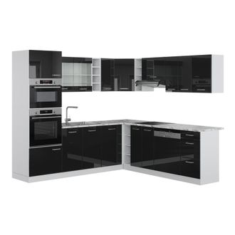 Vicco Cocina Esquinera R-line, Negro Brillo Intenso, 237 X 60 Cm, Et M&aacute;rmol