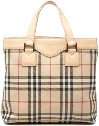 Burberry Pre-owned Vintage Canvas Tote Bag - Dames - Vintage Shopper - Beige - ONE Size - Leer - Vintage