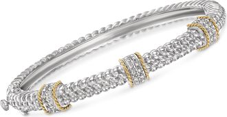 Ross-Simons Diamond Station Bangle Bracelet in Sterling Silver and 14kt Yellow Gold