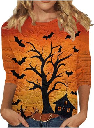 Generic Women 3/4 Sleeve Halloween T Shirt Crew Neck Halloween Graphic Tee Shirts Plus Size Fall Outfits Loose Fit Printed Casual Fashion Tops