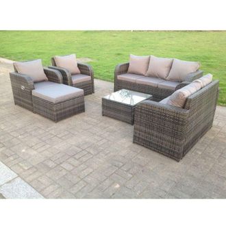 Fimous Rattan Garden Furniture Set Lounge Sofa Reclining Chair Love Seat 2 Seater Sofa Footstool Patio Outdoor Dark Grey - Fimous
