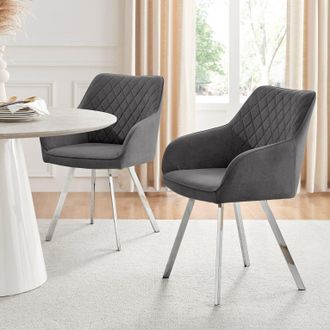 Furniturebox Set of 2 Falun Deep Padded Dining Chairs Upholstered in Soft & Durable Fabric With Silver Chrome Legs in Dark Grey