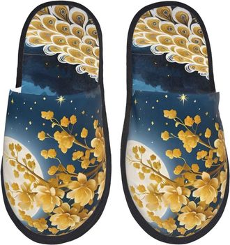 Generic Slippers For Women Moonlit Golden Tree Peacock Print Ladies House Slippers Casual Lightweight MenS Warm Slip On Slipper, For Home, Hotel, Travel, L