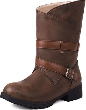 Generic Womens Mid-Calf Boots Buckle Strap Distressed Faux Leather Round Toe Low Block Heel Lug Sole Reinforced Stitching Durable Design,Brown,6.5 UK