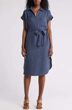 Max Studio Textured Short Sleeve Midi Shirtdress in Hindigo-Heather Indigo at Nordstrom Rack, Size X-Small