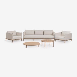 Sklum Conjunto De Jard&iacute;n Con Sof&aacute; De 3 Plazas, 2 Sillones Y 2 Mesas De Centro Redondas En Madera De Acacia Olivia Sklum