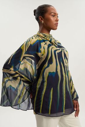 Karen Millen Womens Plus Size Animal Print Georgette Embellished Woven High Neck Cape Blouse - Navy - Size 22 UK