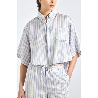 Derek Lam Ember Crop Stripe Button-Up Shirt in Lisbon Blue Stripe at Nordstrom, Size X-Small
