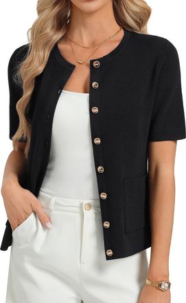 Grace Karin Womens Short Sleeves Solid Knit Cardigan Round Neck Button Tops with Pockets Black M