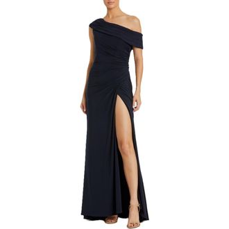 Mac Duggal Foldover off-the-shoulder slit gown in Navy at Nordstrom, Size 14