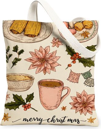 Generic Christmas Floral Canvas Tote Bags, Vintage Plant Pattern Reusable Grocery Bags, Lightweight Washable Canvas for Holiday Tra, Beige, 13x15 Inch