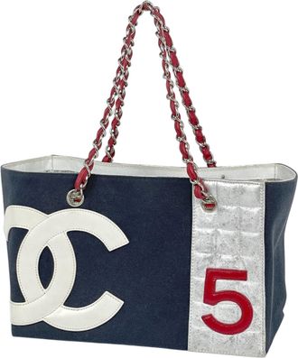 Chanel Navy Red Color White Canvas Leather Handbag Tote Bag (Pre-Owned)