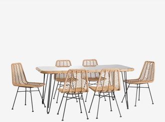 Sklum Set De Mesa Rectangular En Mimbre Sint&eacute;tico (180x90 Cm) Leribert Y 6 Sillas De Jard&iacute;n En Rat&aacute;n Sint&eacute;tico Gouda Natural Sklum