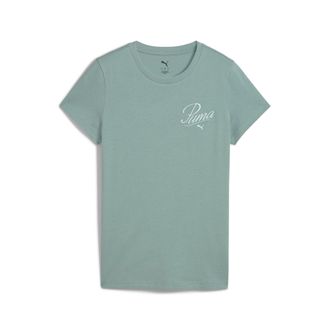 Puma T-Shirt PUMA ESS SCRIPT TEE, Damen, Gr. XS, gr&uuml;n (gr&uuml;n moon), Jersey, Obermaterial: 100% Baumwolle, bedruckt, regular fit normal, Rundhals, Shirts T-S