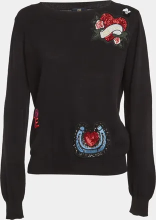 Roberto Cavalli Cavalli Class Black Cotton Knit Embroidered Patch Detail Jumper M