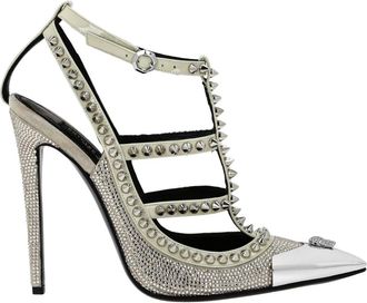 Philipp Plein Schoenen, Dames, Beige, 37 EU, Leer, Leren Strass Sandalen Hoge Hakken Studs