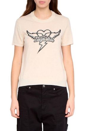 Zadig&Voltaire Idal Aero Heart Crystal Embellished Short Sleeve Cashmere Graphic Sweater in Eggshell at Nordstrom, Size X-Small