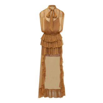 Actualee Gowns, female, Brown, Size: S Sleeveless Long Dress with High Neck and Bow