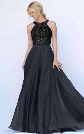 Sherri Hill Beaded Bodice Chiffon Gown In Black
