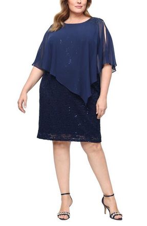 S.L. Fashions Chiffon Capelet Floral Lace Cocktail Dress in New Navy at Nordstrom, Size 18W