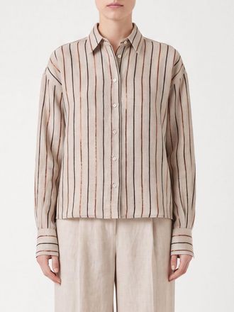 Brunello Cucinelli Camicia in lino a righe con paillettes ricamate