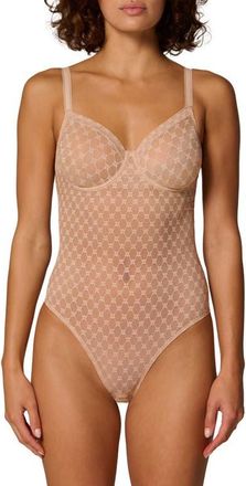 Simone P&eacute;r&egrave;le Plume Embroidered Underwire Shaping Bodysuit in Peau Rose at Nordstrom, Size 34C