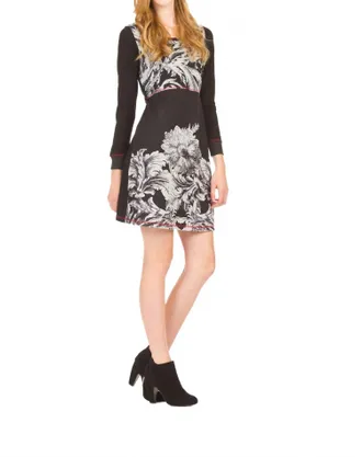 Papillon Floral Border Long Sleeve Dress In Black
