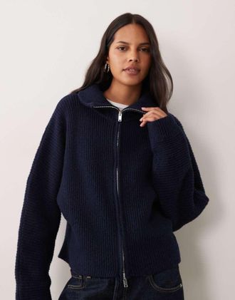 Miss Selfridge cardigan a coste spesse con zip e maniche a pipistrello blu navy