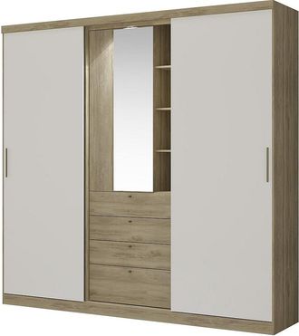 Vente-Unique Armario 2 puertas correderas - Espejo y cajones - L.240cm - Natural y marfil - BODIL II