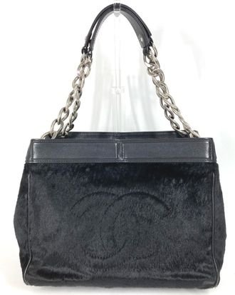 Chanel Black Leather Handbag Shoulder Bag Tote Bag (Pre-Owned)