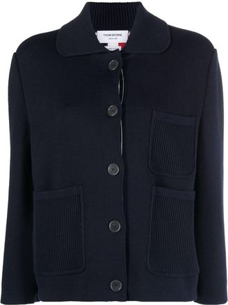 Thom Browne RWB-stripe intarsia jacket - women - Cotton/Polyamide/Cashmere/Elastane - 42 - Blue