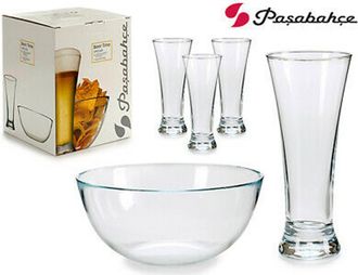 Trade Shop Trade Shop - Servizio Set 5 Pezzi Ciotola Vetro 22 Cm + 4 Bicchieri Birra Pub Aperitivo Bar