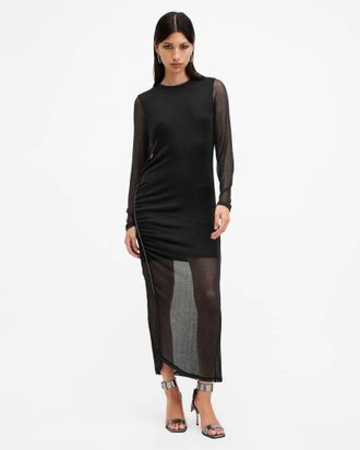 AllSaints Nora Ruched Sparkle Midi Dress